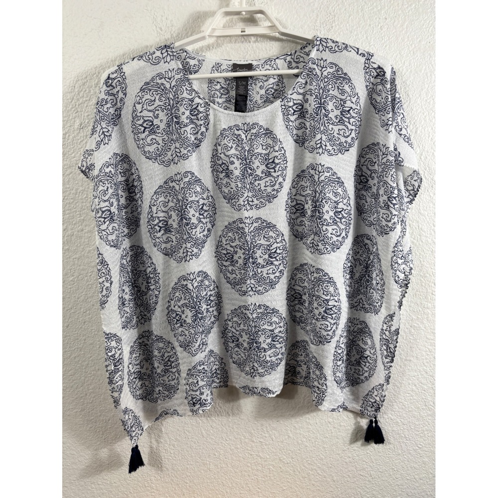 Chicos Travelers Collection Kimono Top Blue White Medallion Tassel S/M